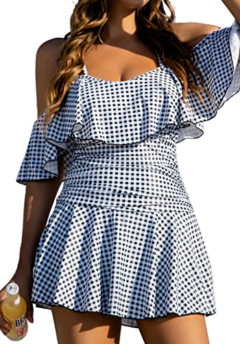 Image of COCOPEAR Women's One Piece Flounce Swimsuit Off Shoulder Bathing Suit Tummy Control Swimdress(FBA)