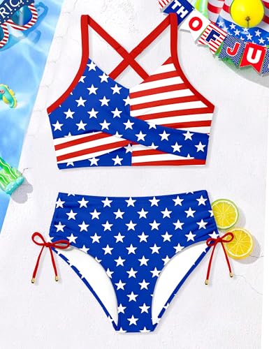 Image of Teen Girls Swimsuits V-Neck Bikini Set Bathing Suits Cross Straps Two Piece Swimwear with Drawstring