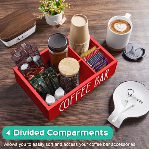 Image of ALELION Red Coffee Station Organizer with Removable Dividers - Wood Coffee Bar Accessories Organizer for Countertop - Coffee Pod Holder Storage Basket for K Cup Sugar Tea - Red Coffee Bar Decor