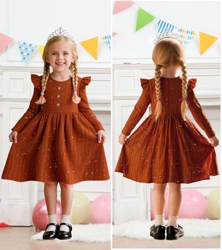 Toddler Girl Dress Long Sleeve Round Neck Ruffle Button A-Line Knitted Sweather Fall Dresses Size 2-6T4