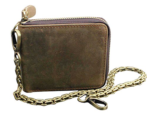Genuine Cowhide Leather Zipper Card Holder Mens Wallet w/Chain Vintage Biker L72