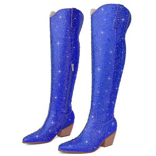 Image of Women Rhinestone Over the Knee Cowboy Boots, Sparkly Bling Cowgirl Boots Western Thigh High Boots Pull-On Side Zippers Chunky Heel Pointed Toe For Concerts, Music Festivals, Parties & Night Out