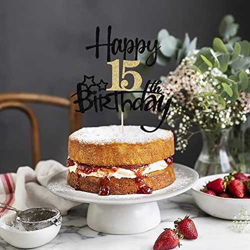 Kaoenla Black Gold Glitter Happy 15Th Birthday Cake Topper - Hello 15/Cheers Happy 15Th Birthday, 15Th Wedding Anniversary，15 Years Love And Blessings Promise Update Party(15Th) #TOP7