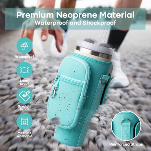 Image of linmaya Water Bottle Carrier Bag with Phone Pocket for Stanley Cup 40 /30oz,Insulated Neoprene Water Bottle Holder Cross-boday Bag with Adjustable Shoulder & Handheld Strap Stanley Cup Accessories