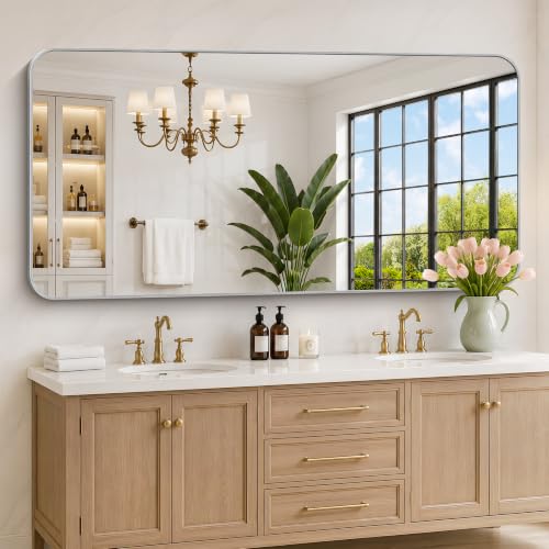 Image of DESBING 72 inchx36 inch Bathroom Mirror for Over Sink, Silver Framed Wall Mirror | High-Definition Shatterproof Vanity Mirror with Rounded Corner for Bedroom Living Room Entryway Horizontally or Vertically