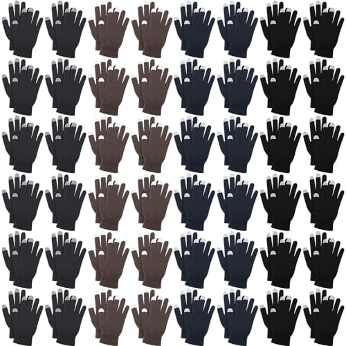 Handepo 48 Pairs Winter Touchscreen Gloves Bulk Stretchy Magic Knit Winter Warm Gloves for Men Women Homeless Adults(Black, Coffee, Navy Blue and Dark Gray)