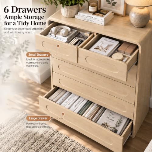 44 Inch Tall Nightstand with 6 Drawers for Bedroom Storage Oak - Image 5