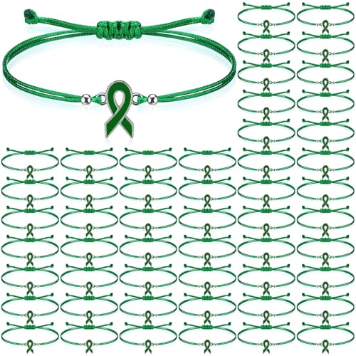 80 Pcs Mental Health Awareness Bracelets Adjustable Green Ribbon Cord Fan Strap Braided Bracelet Motivational Mental Health Gifts for Women Men Fighter