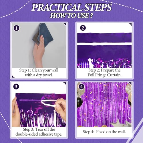 Image of DECOCKRAT 3 Pack Foil Fringe Backdrop - Purple Shiny Tinsel Curtains for Party Decoration /Photo Booth Props - 3.3x8.2 FT Metallic Foil Backdrop for Birthday, Wedding, Graduation, Christmas.