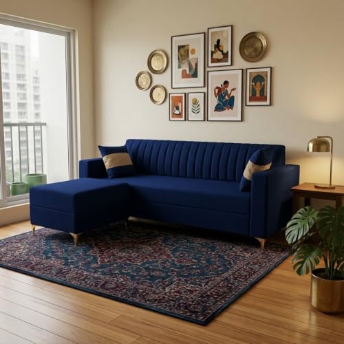 Image of FURNY Signature Regalia 4-Seater L-Shape Sofa Set with Movable Ottoman | Flexible LHS /RHS Layout | Boston Fabric | 40D Foam + Zigzag Spring | 3-Yr Warranty (Midnight Blue & Warm Beige)