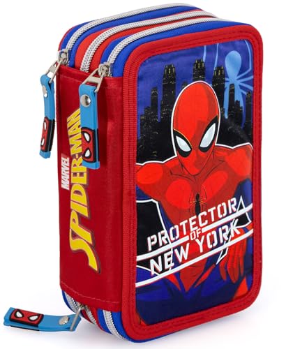 Clondo Estojo triplo enchimento, 44 acessórios escolares, Plumier 3 fechos de correr, 20 cm, Spidermanprotetor25, Porta-lápis
