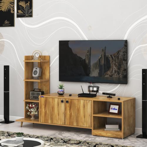 Image of Anikaa Moracca Engineered Wood Floor Standing Modern TV Unit with Side Shelves and 2-Door Cabinet & Open Storage Box Up to 43 inch Entertainment Units | For Living Room-Giantwood Finish | DIY-Installation