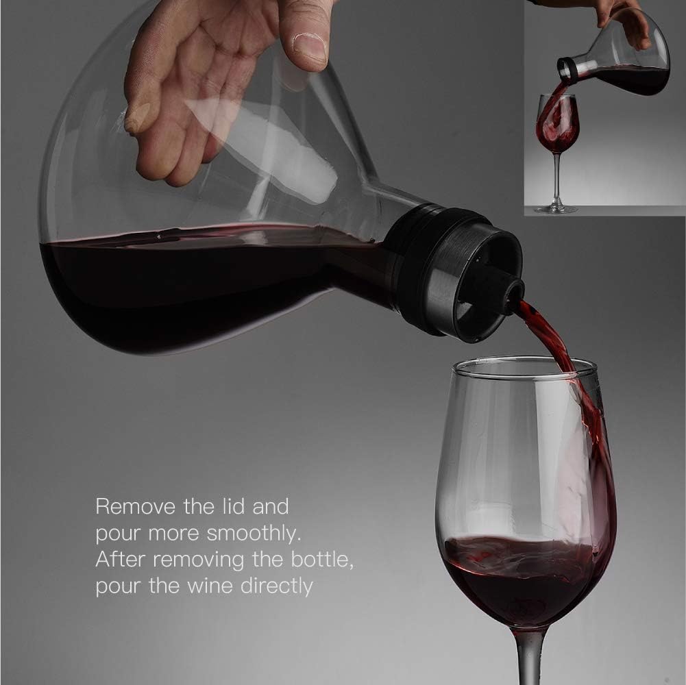 Wine Breather carafe with lid 50oz, Hand Blown heat-resistant Glass, Red Wine Carafe, Wine Decanter Wine Accessories