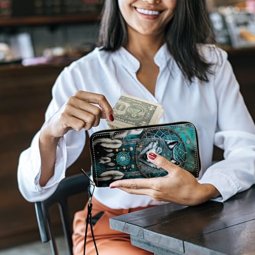 Image of Women's Wallets,Credit Card Holder Money Leather Long Wallet with Wristlet,Large Capacity with Zip-Around Phone Purse for Women Ladies Girls,Dream Catcher Wolf