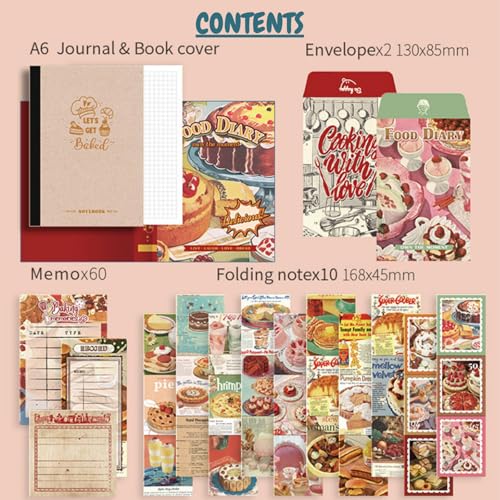 Image of The AutoStory Recipe Book Scrapbook Kit A6 Junk Journal Notebook Yummy Meal Stickers Cooking Decorative Papers Washi Tape DIY Craft Art Creative Cookbook Writing Gift (Food Diary, Red)