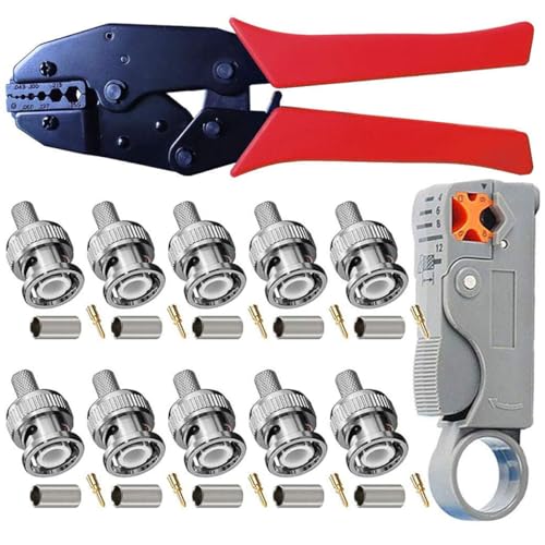 BNC Tool Tool Conjunto de cable coaxial rotativo Ratchet Primper con conectores de enjuague masculino BNC para cable RG59, herramienta de enjuague BNC