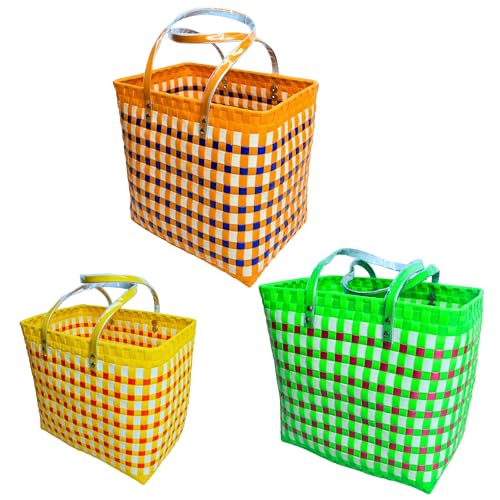 Image of Hand Made Multipurpose Plastic Basket with Lid | Eco-Friendly, Washable, Rust-Free Storage Basket for Kitchen, Picnic, Toys, Travel, Office | Lightweight basket (COMBO 4, SET OF 3 (XL-L-M))