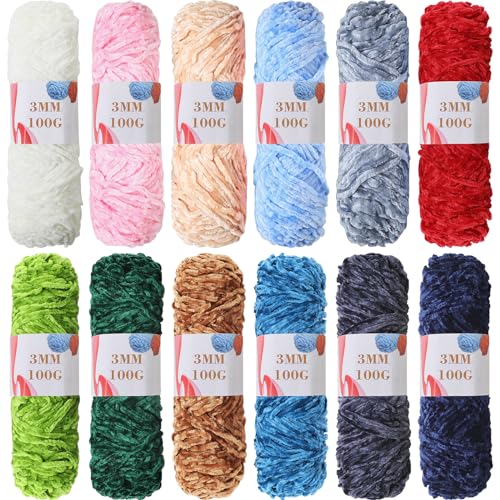 Image of Timgle 12 Pack Chenille Yarn for Crocheting, Soft Velvet Yarn 1312 Yards, 3 mm Thick Fluffy Plush for Hand Knitting Weaving Sweater Shawl Scarf Gloves DIY Craft, 109 Yards Each(Multicolor)