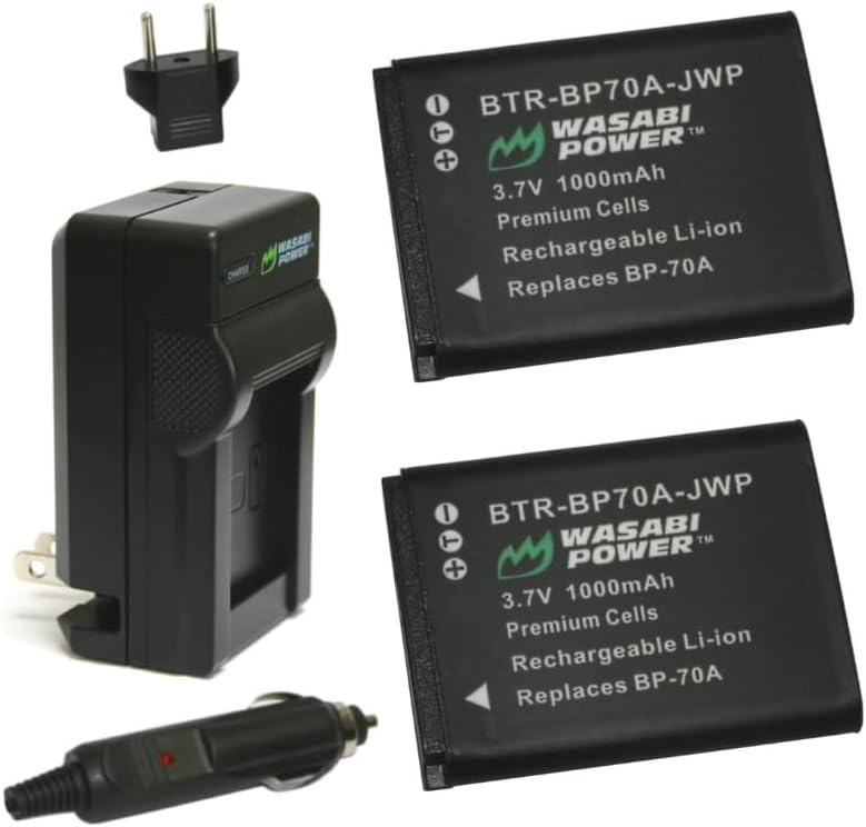 Battery (2-Pack) and Charger for Samsung BP70A, EA-BP70A and Samsung AQ100, DV150F, ES65, ES67, ES70, ES71, ES73, ES74, ES75, ES80, MV800, PL20, PL80, PL90, PL100, PL101, PL120, PL170, PL200, PL201, SL50, SL600, SL605, SL630, ST30, ST60, ST61, ST65, ST66, ST67, ST70, ST71, ST72, ST76, ST80, ST90, ST93, ST95, ST100, ST150F, ST700, ST6500, TL105, TL110, TL205, WB30F, WB35F, WB50F, WP10