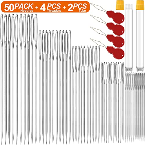 50 Pack Premium Large Eye Needles for Hand Sewing with 4 Needle Threaders, Assorted Sizes, Embroidery Needles for Hand Sewing, Sewing Needles Large Eye, Big Eye Needle