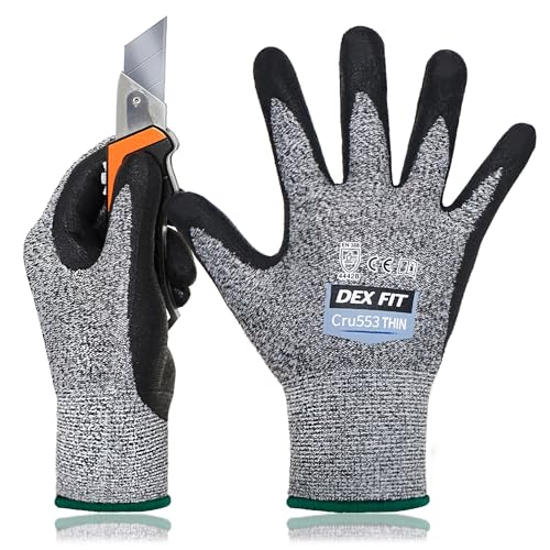 Image of DEX FIT 15-Gauge Level 4 Cut Resistant Gloves, Cru553 Thin, 3D Comfort Stretch Fit, Power Grip, Durable Foam Nitrile, Smart Touch & Lightweight, Machine Washable, Grey Medium 1 Pair