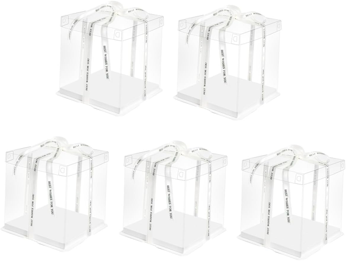 5pcs 8-inch Birthday Cake Boxes with Heightened Design Food Packaging Containers for Cake Storage and Dessert Wrapping Square with Ribbon for Party and Packaging