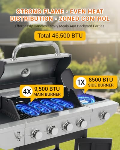 Image of EUHOME 4-Burner Propane Gas BBQ Grill with Side Burner, 46,500 BTU Output Stainless Steel Barbecue Grill with Enameled Cast Iron Grates and Side Tables for Outdoor Cooking Kitchen and Patio Backyard