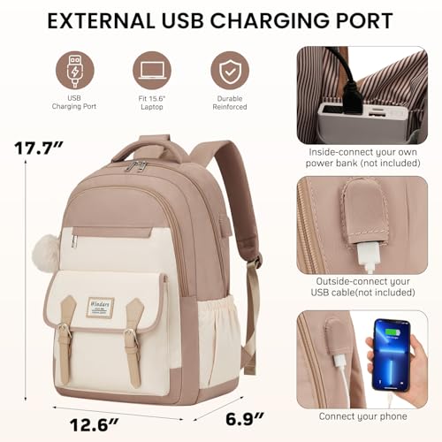 Student Laptop Backpack for College Teen Girls, Cute Middle High School Bag Women Bookbag Large Travel Back Pack Fit 15.6 Inch Laptop (Khaki Beige)3