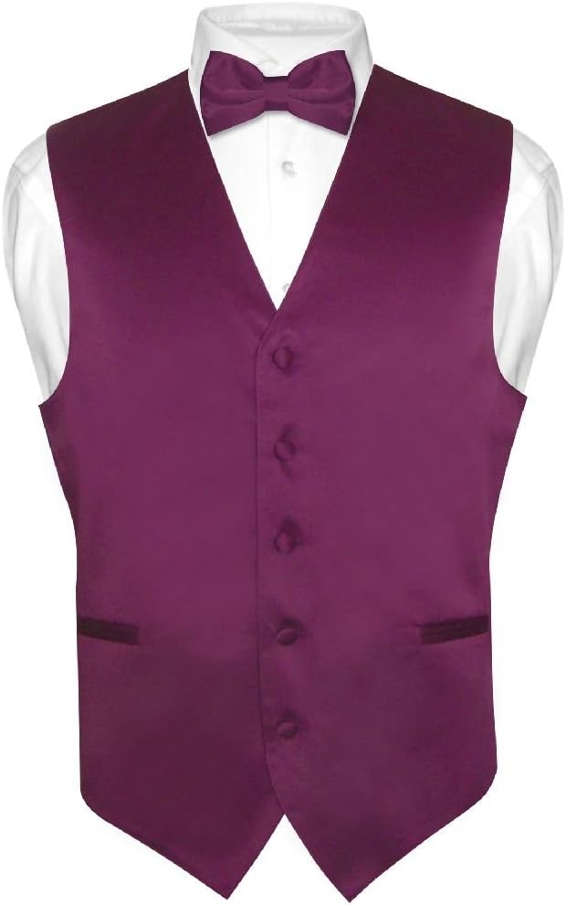 Vesuvio Napoli Men's Dress Vest & BowTie Solid EGGPLANT PURPLE Color Bow Tie Set for Suit Tux