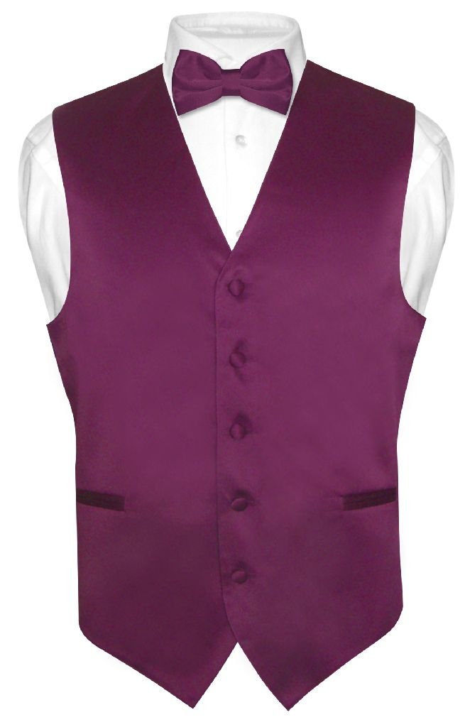 Vesuvio Napoli Men's Dress Vest & BowTie Solid EGGPLANT PURPLE Color Bow Tie Set for Suit Tux