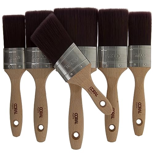 Image of Coral Aspire 6 Piece Paint Brush Set - Professional Firm Straight Cut Oval for Walls - Ultra-Smooth Finish - Trade Emulsion Gloss - Includes 2X 1.5, 2X 2, 3 inch & 2 inch Angled Stubby
