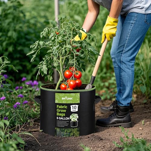 Image of BN-LINK 10-Pack 5 Gallon Grow Bags, Heavy Duty Aeration Fabric Pots with Handles, Thickened Nonwoven Plant Bags for Vegetables, Flowers, Fruits