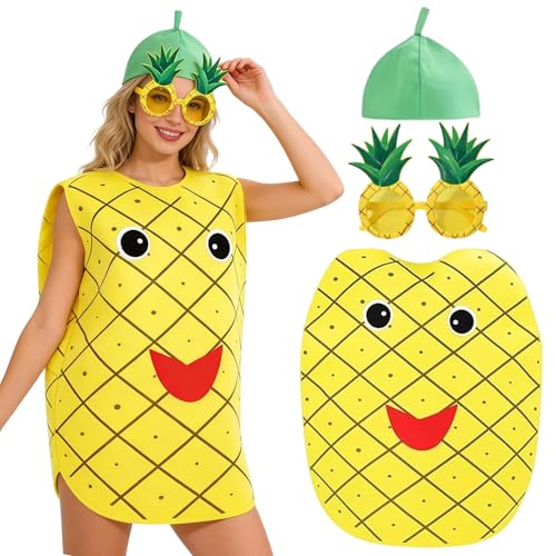HTTDSLF Fruit Costume Ensemble pour Adultes, Costumes de Fruit - Chapeau|Robe|Lunettes, Costumes de Performance, Costumes de Déguisement Créatifs, pour Robe Fantaisie Halloween Fêtes à Thème (Ananas)
