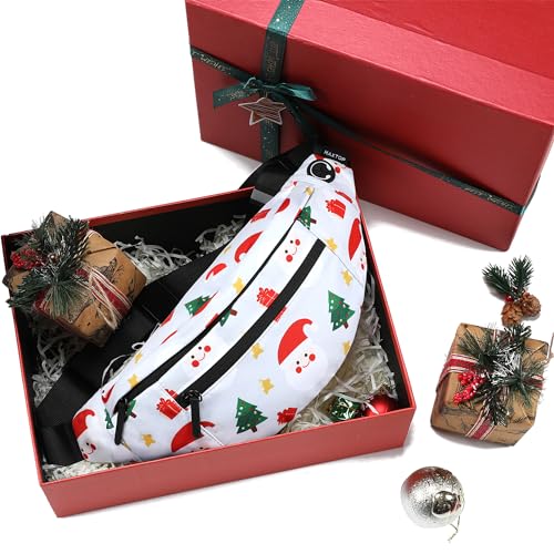 Image of MAXTOP Large White Christmas Fanny Pack with 4-Zipper Pockets, Christmas Gifts for Enjoy Festival Sports Workout Traveling Running Casual Hands-Free Waist Pack Crossbody Phone Bag Carrying All Phones