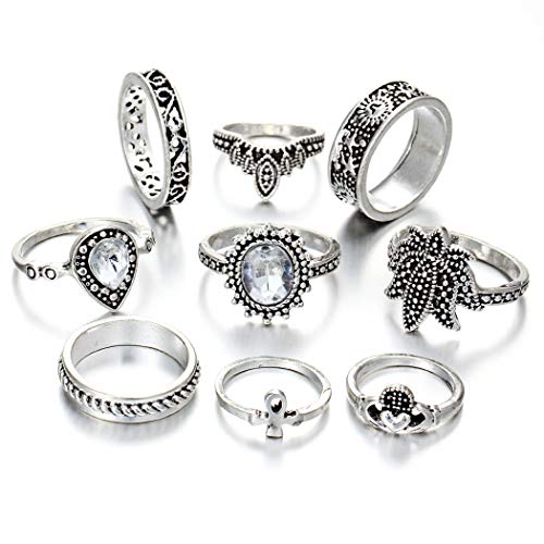 BELICEY 9-15PCS Knuckle Stacking Rings Set for Women Crystal Rhinestone Finger Statement Ring Sets Vintage Joint Knot Mid Rings for Teen Girls Stackable Rings Jewelry Accessories (Silver-9PCS)
