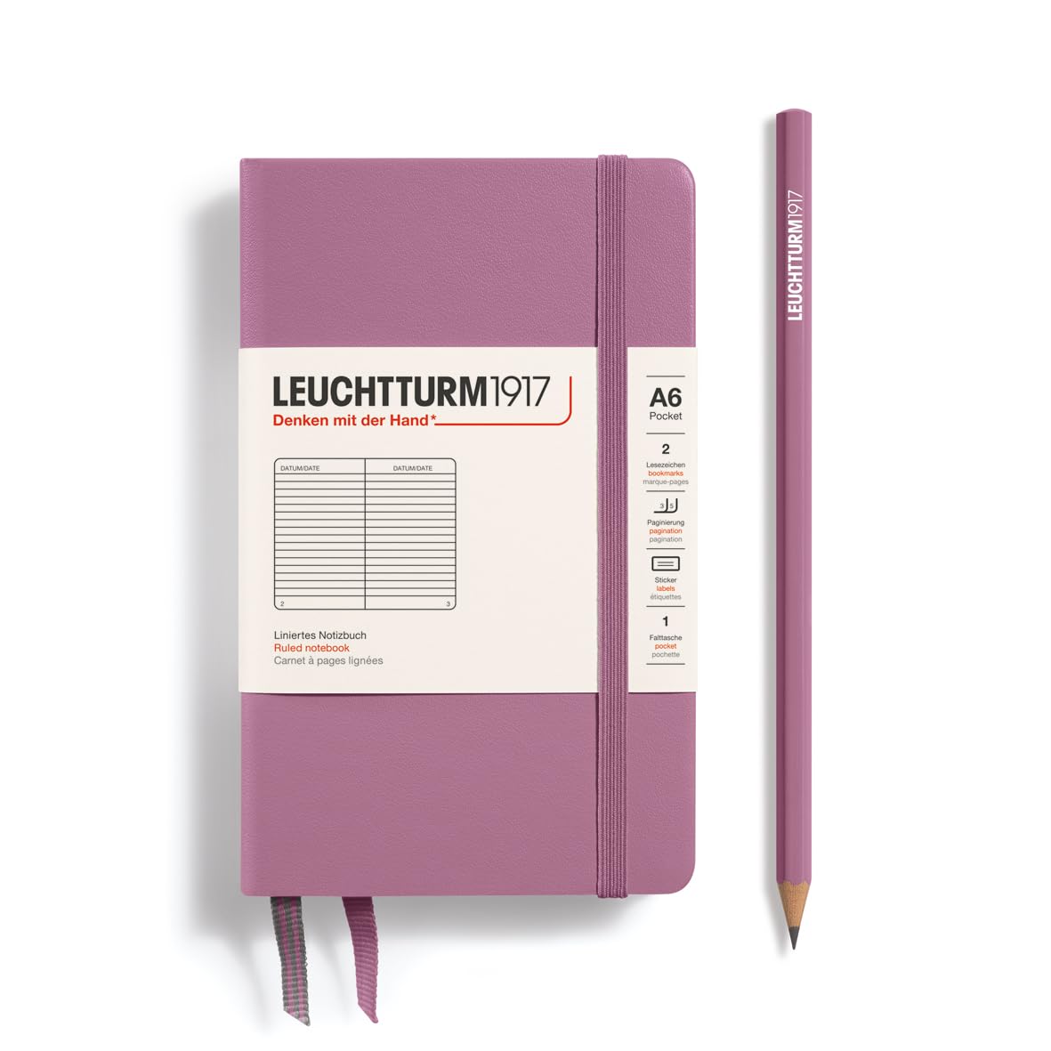 LEUCHTTURM1917 372355 Notebook Pocket (A6), Hardcover, 187 Numbered Pages, Dusty Rose, Ruled