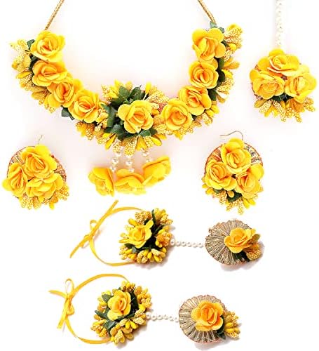 ZENEME White Pearl Beaded Gota Patti Floral Beaded Haldi & Mehendi Necklace With Earrings, Maang Tikka & Bracelet Jewellery Set For Girls and Women