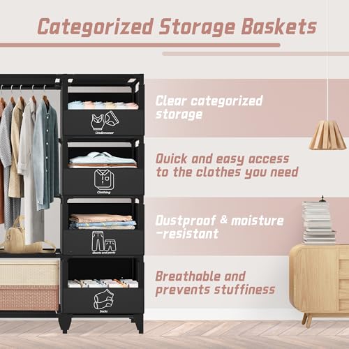 Portable Closet, Easy Assembly, Large Capacity Wardrobe Closet, Sturdy and Stable Clothes Rack with Shelves 4 Storage Baskets and 2 Hanging Rods, for Bedroom and Cloakroom Black - Image 5
