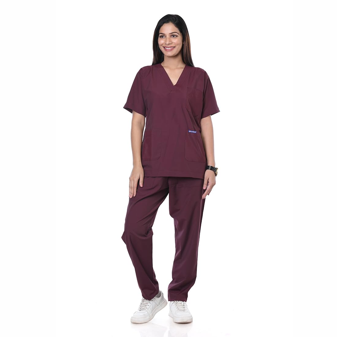 Medilinen Women's 5-Pocket Scrub Suit | Set of Top & Bottom Pant | Half Sleeves | V-Neck | Breathable Polyciscose Fabric | Comfortable | Durable | Uniform for Doctors, Nurses and Dentists, Wine_4XL