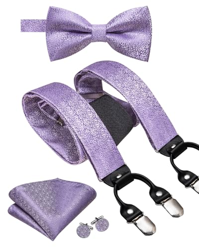 Image of Dubulle Suspender and Bow Tie for Men Paisley Solid Mens Suit Braces Pretied Bowtie and Handkerchief Cufflinks Formal Wedding