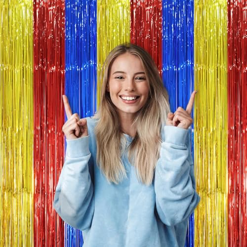 Image of Voircoloria 2 Pack Blue Red Gold Foil Fringe Backdrop Curtains, Tinsel Streamers Party Decorations, Fringe Backdrop, Door Shimmer for Birthday Party