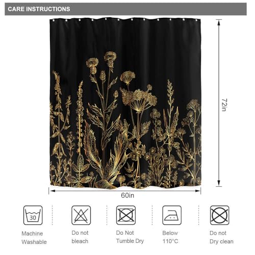 Riyidecor WOW-LYFXJ-69262 Black Gold Dark Floral Wildflower Shower Curtain thumb #2