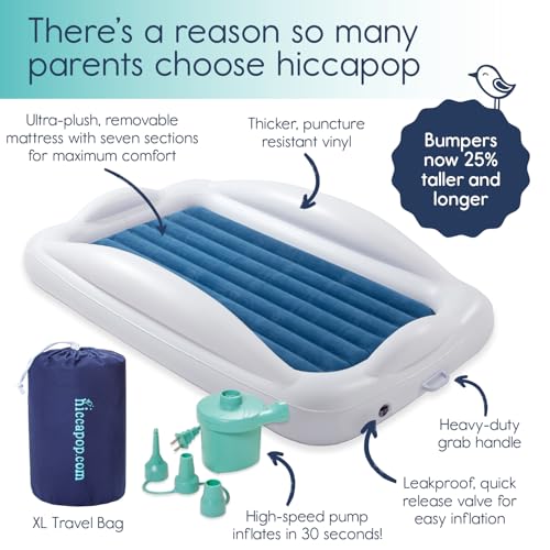 hiccapop inflatable toddler travel bed with safety bumpers 4-sided  portable toddler bed for kids  toddler air mattress  kids air mattress - navy blue