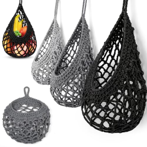 Image of Honeydak 3 Hanging Baskets, Grey, White, Dark Grey, Crochet, Cotton Rope