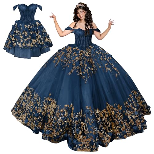 Mauuwy Gold Lace 2 in 1 Quinceanera Dresses Ball Gown Off Shoulder 3D Floral Sweet 15 16 Dresses Tulle Prom XV Dresses