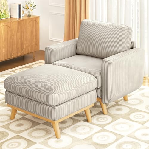 Image of Vesgantti Accent Chair with Movable Ottoman, Comfy Corduroy Armchair with Spring Cushion, Reading Chair with Ottoman, Modern Single Sofa for Living Room, Bedroom and Apartment, Light Grey