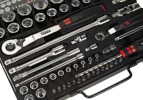 Würth Zebra Steckschlüsselsatz 1/4 + 1/2 Zoll Knarrenkasten 59 tlg. 096509059, [Silber,schwarz,rot]