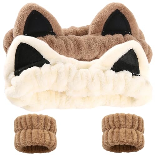 Waliah 2 Pcs Cat Ears Headband, Cute Spa Headbands for Washing Face Skincare Makeup Headbands for Women Girls Trendy Stuff Present Soft Coral Fleece Hair Accessories(Beige Khaki)