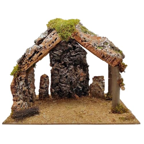 AC - Cueva/Portal de belén de Corcho, Pesebre con Techo Triangular y Musgo para Nacimiento, Figura de Navidad, decoración Tradicional - 38 x 24 x 30 cm