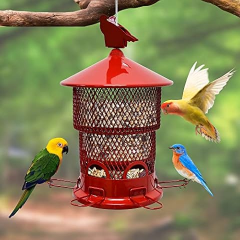 Bird Feeders for Outdoors Hanging, Way2Furn Wild Bird Feeder Squirrel Proof, Adjustable Metal Outside Feeder with 3.8 lbs Seed Large Capacity for Cardinal, Sparrow, Finch, Chickadee (Red) Cover